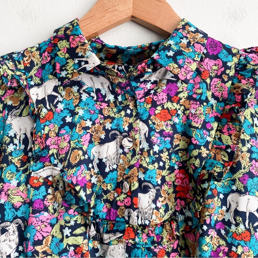Grazing Goat Pleated Floral Midi Dress Collar Long Sleeve Animal Artsy Novelty 2 - Picture 7 of 9